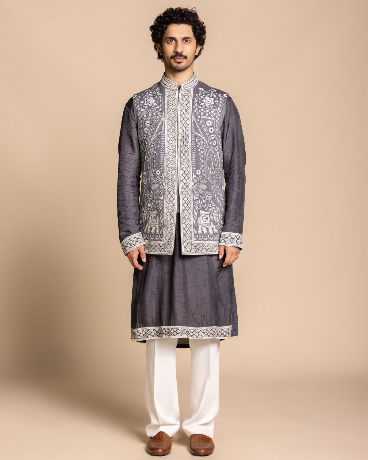 Slate Grey Embroidered Bundi Set Gargee
