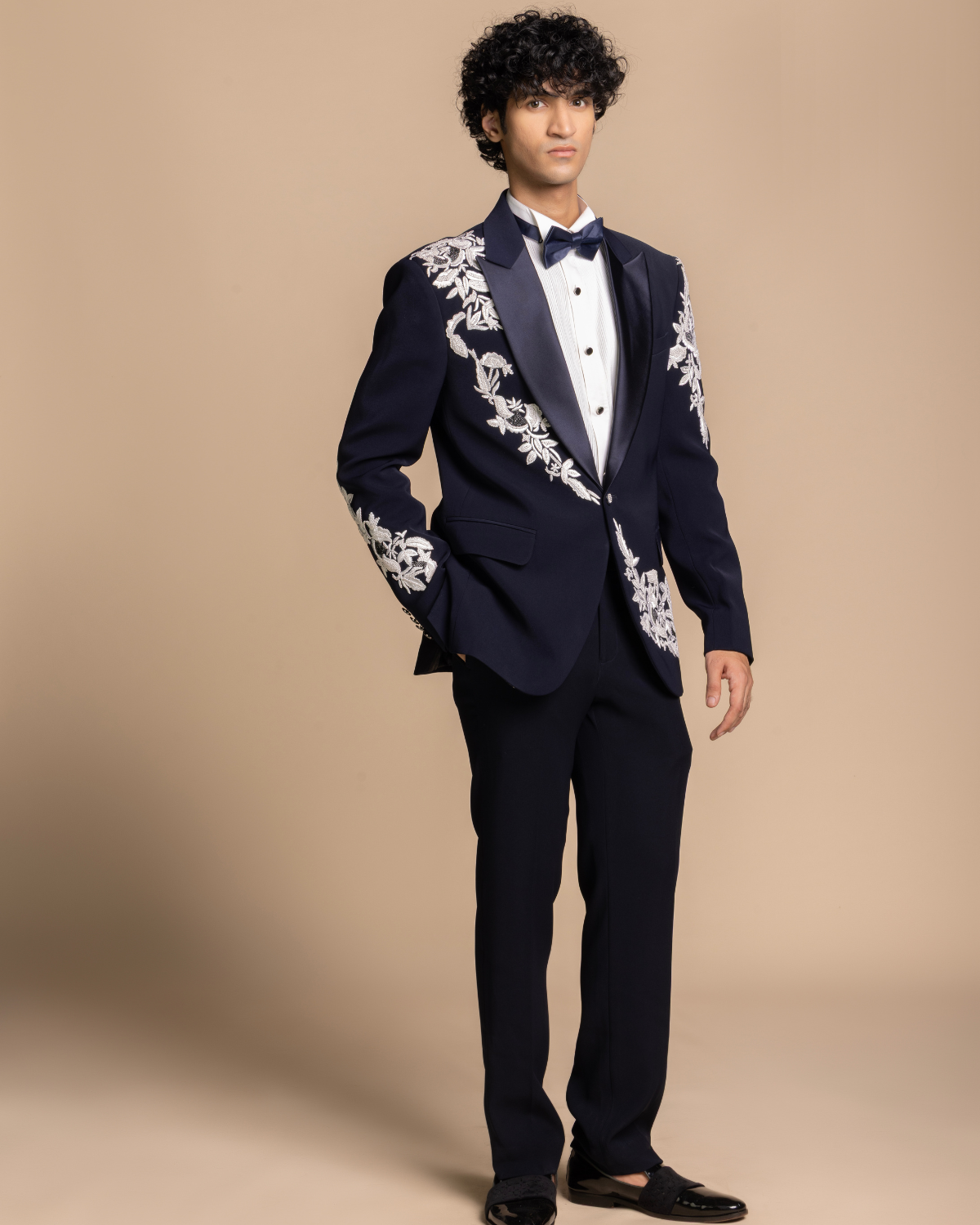 Navy Floral Embroidered Tuxedo Gargee
