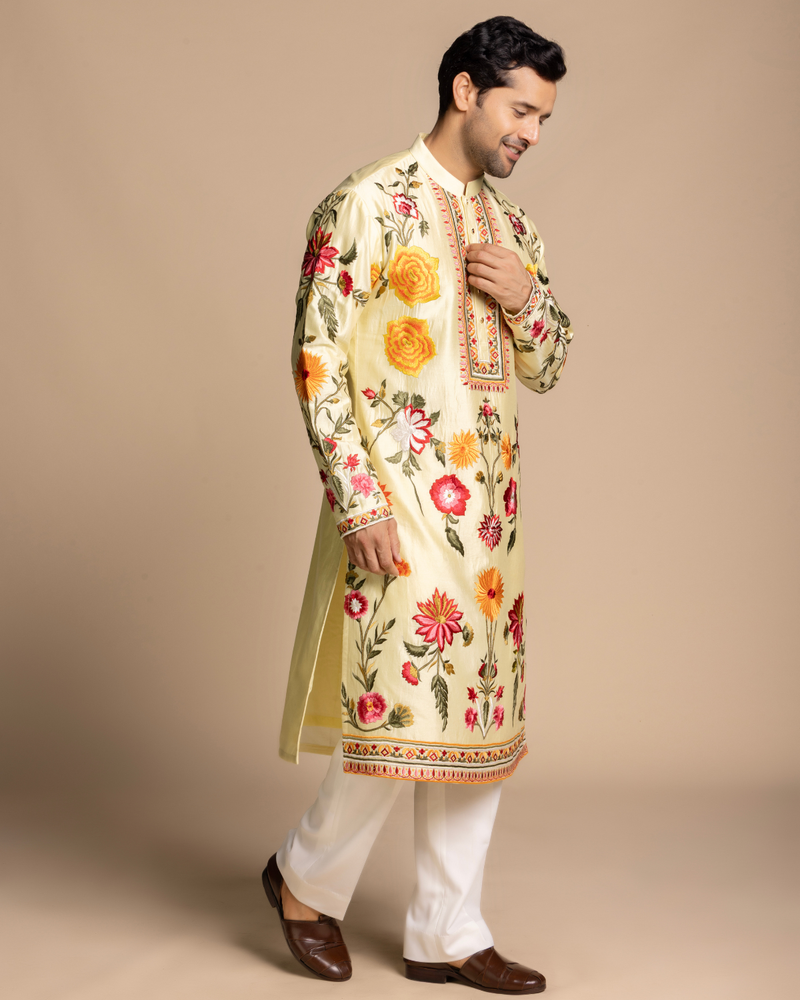 Butter Yellow Floral Embroidered Kurta Set Gargee