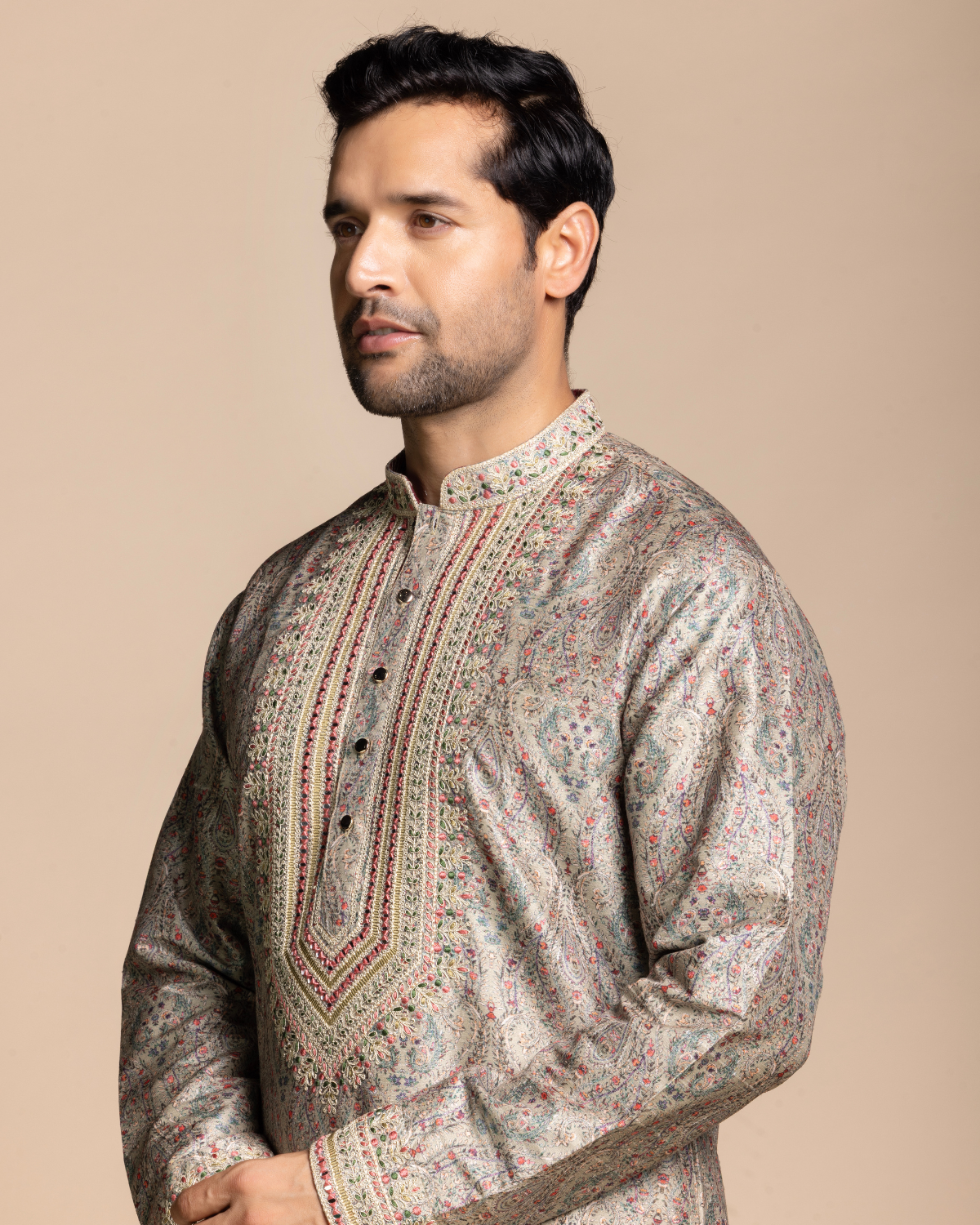 Beige Printed Mirror Work Kurta Gargee