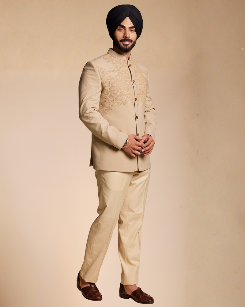 Beige French Knot Jodhpuri Set Gargee