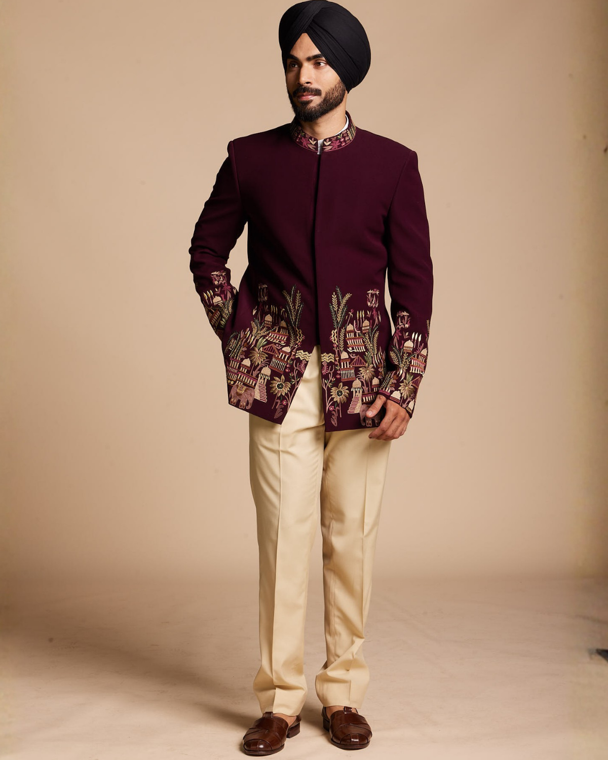 Burgundy Embroidered Jodhpuri Set Gargee