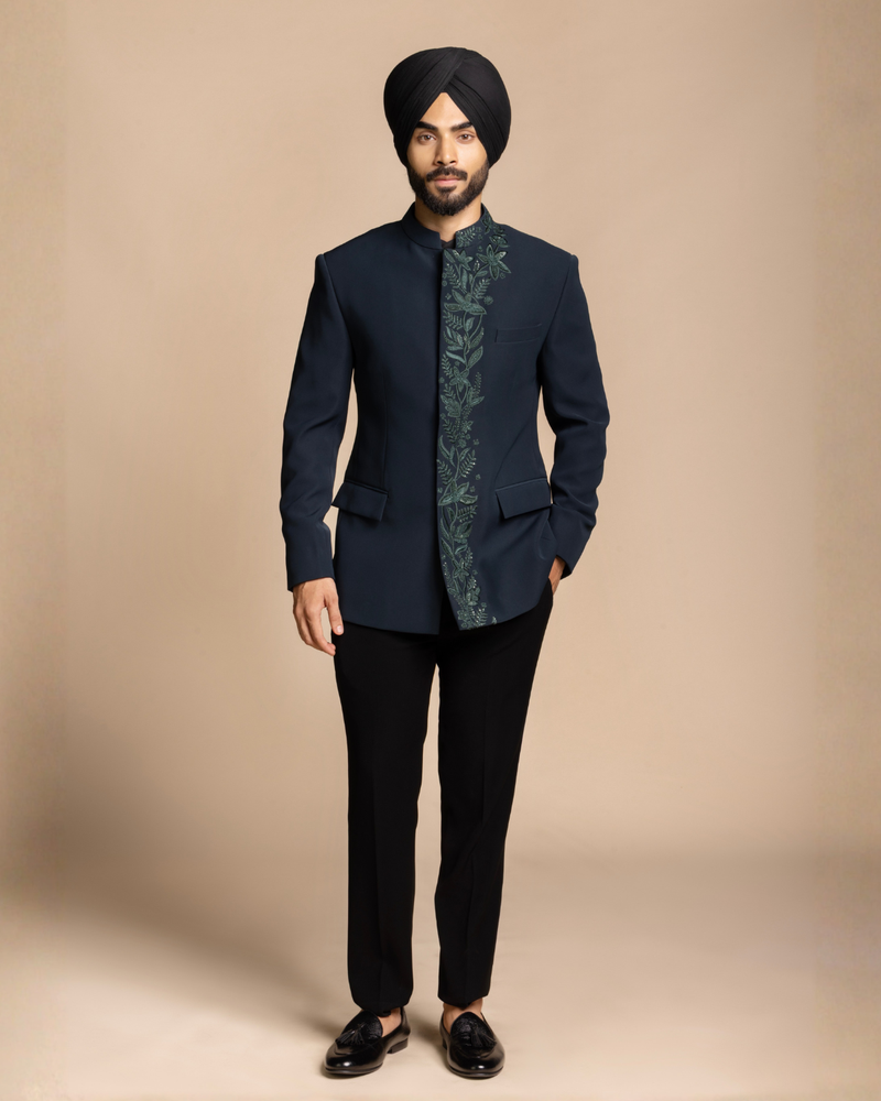 Deep Teal Placket Embroidery Jodhpuri Set Gargee