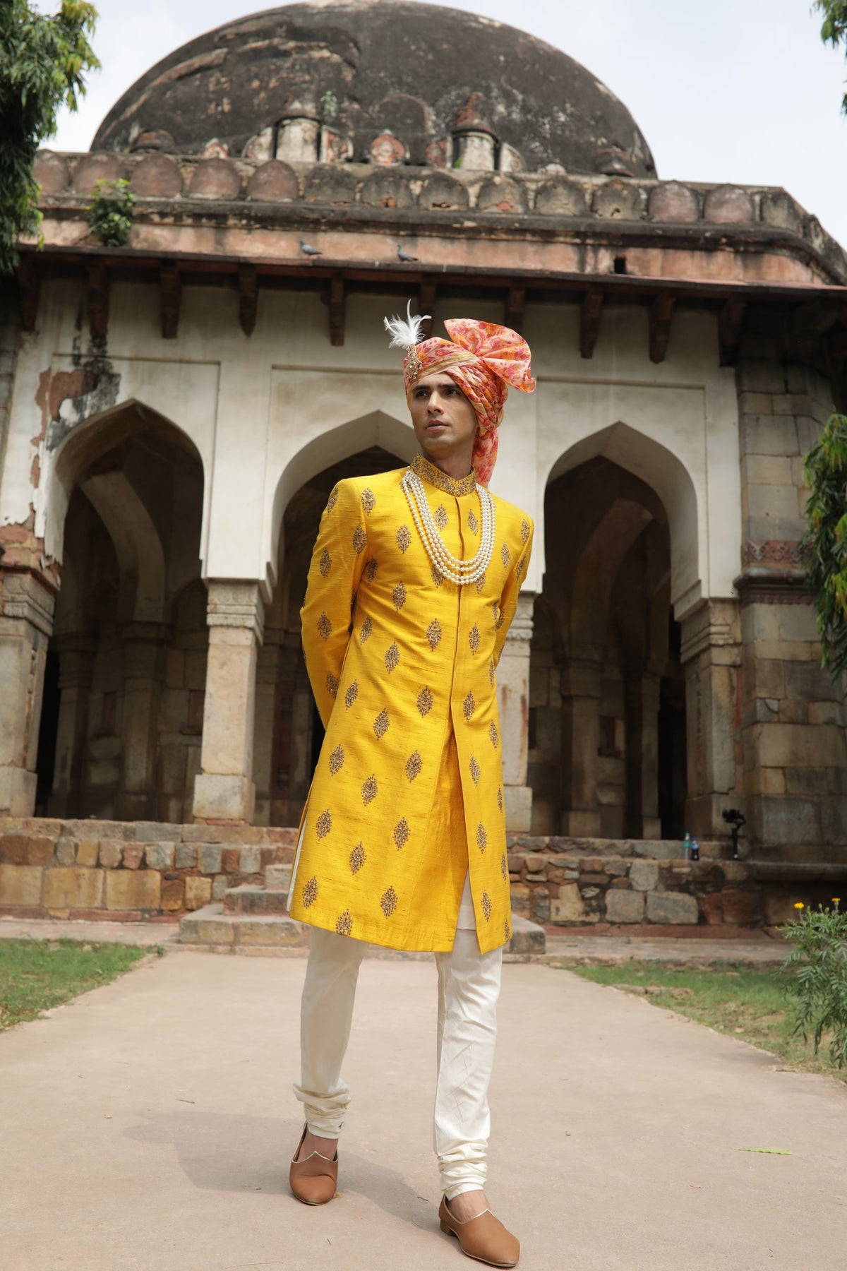 YELLOW EMBROIDERED SILK SHERWANI SET