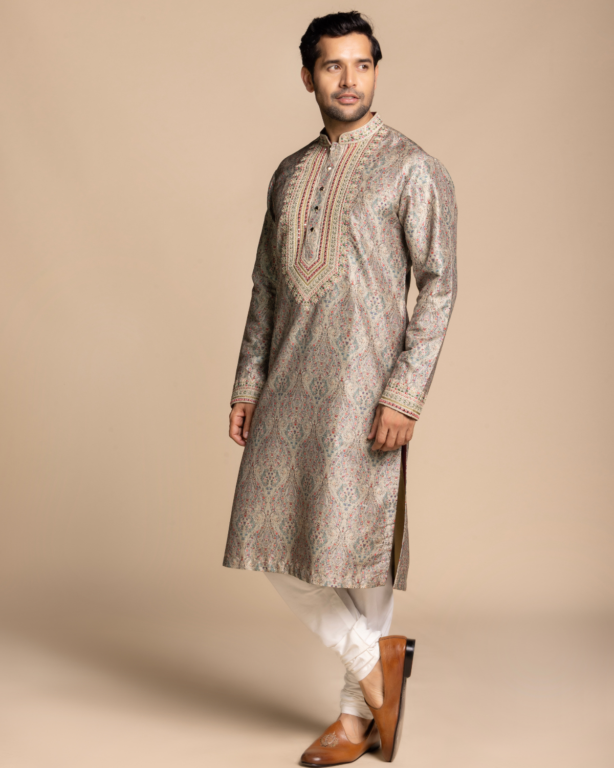 Beige Printed Mirror Work Kurta Gargee