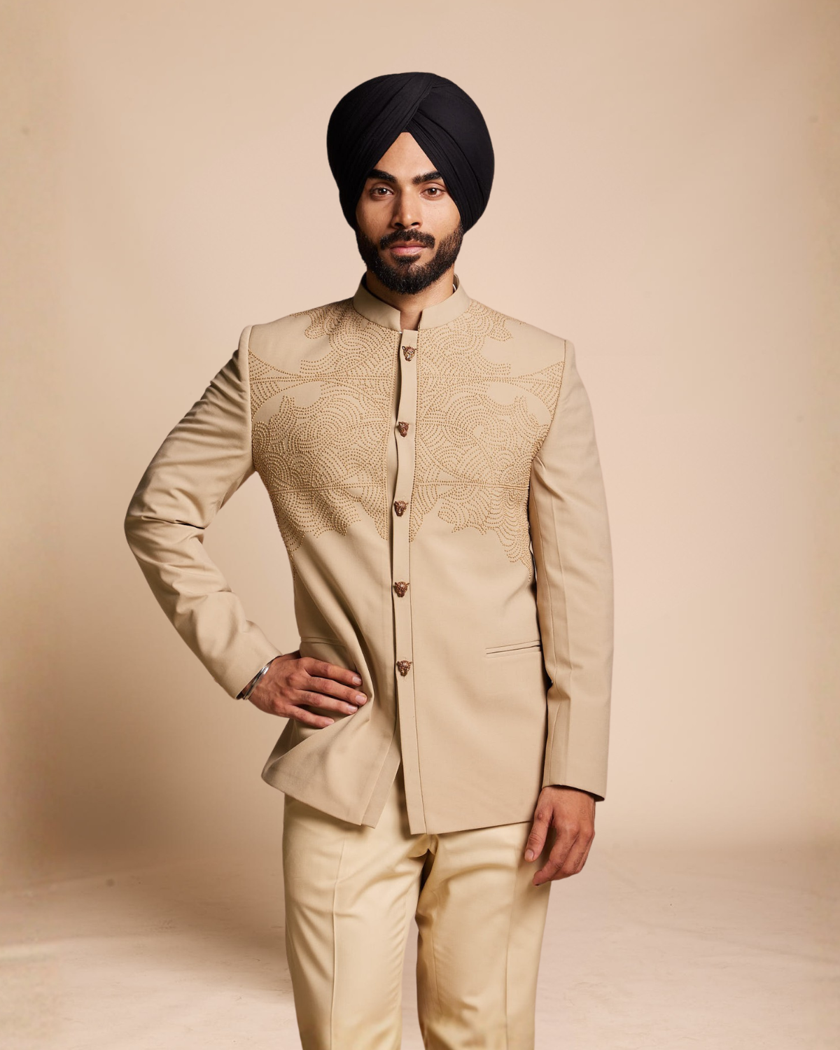 Beige French Knot Jodhpuri Set Gargee