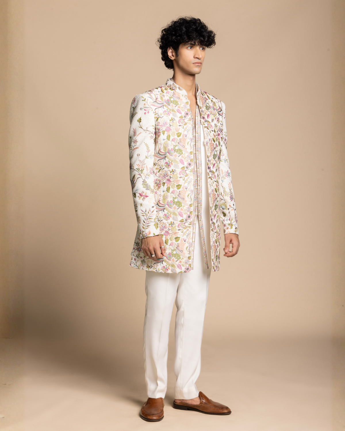 Ivory Botanical Embroidered Indowestern Gargee