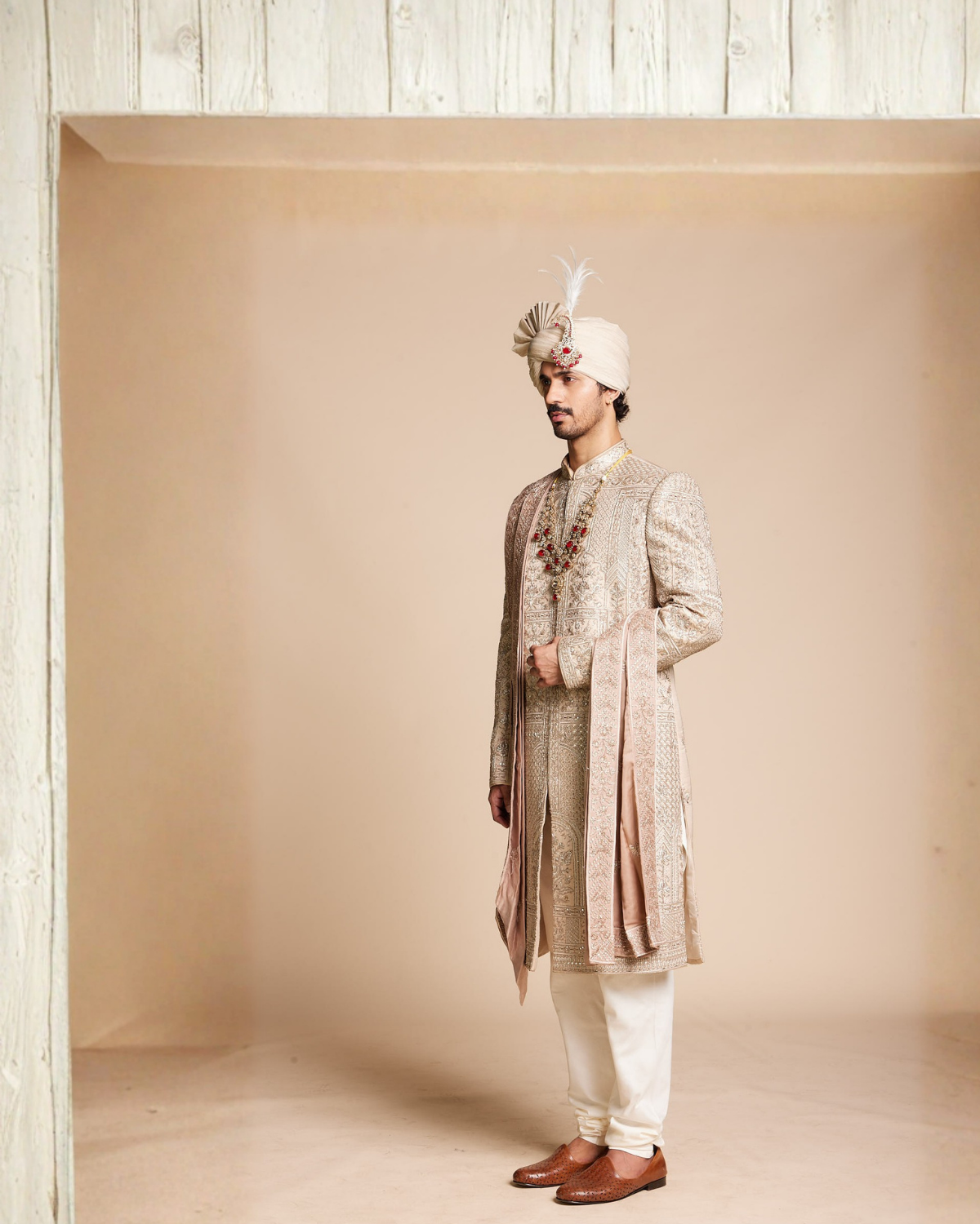 Champagne Floral Embroidered Sherwani Gargee