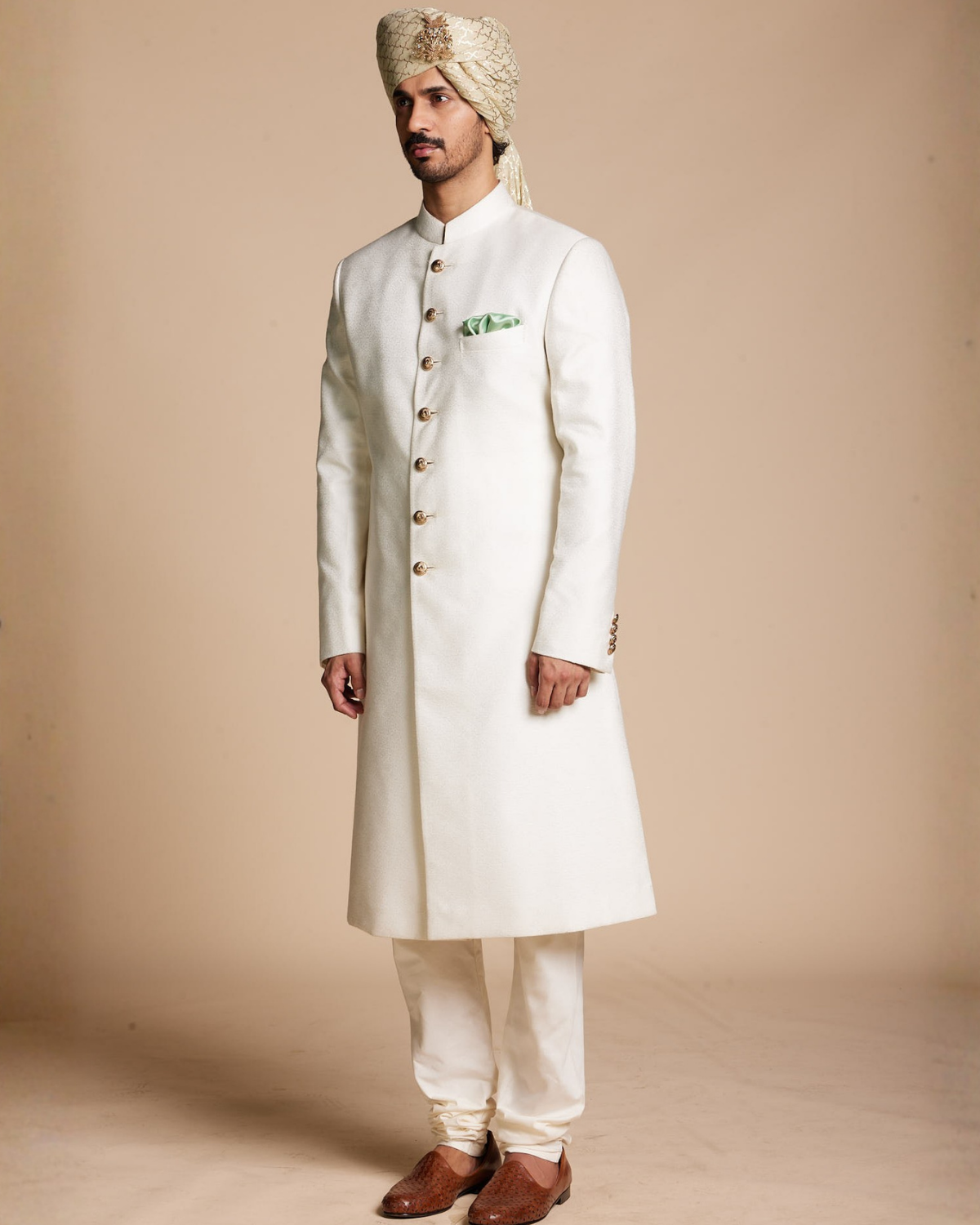 Ivory Jacquard Sherwani Set Gargee