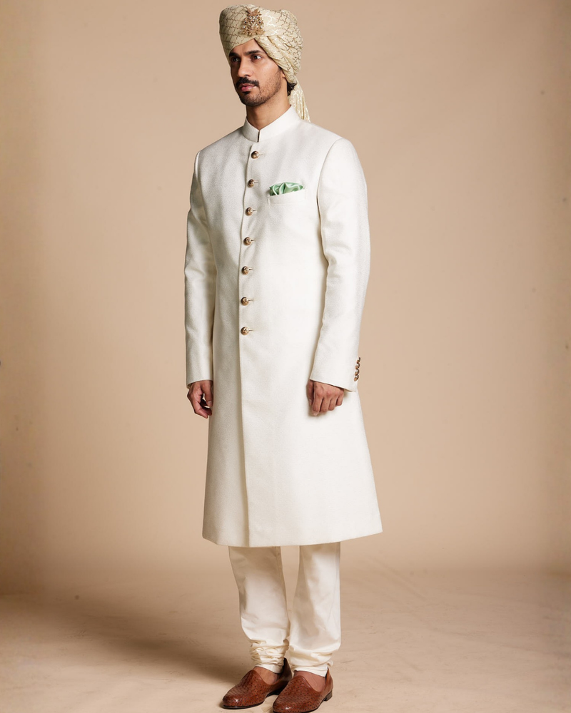 Ivory Jacquard Sherwani Set Gargee