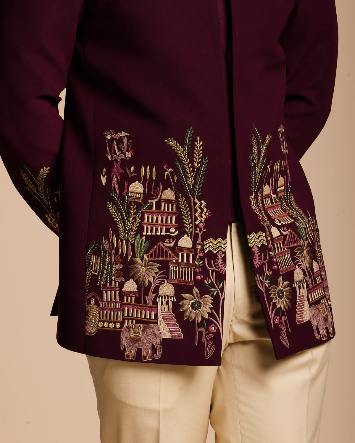 Burgundy Embroidered Jodhpuri Set Gargee