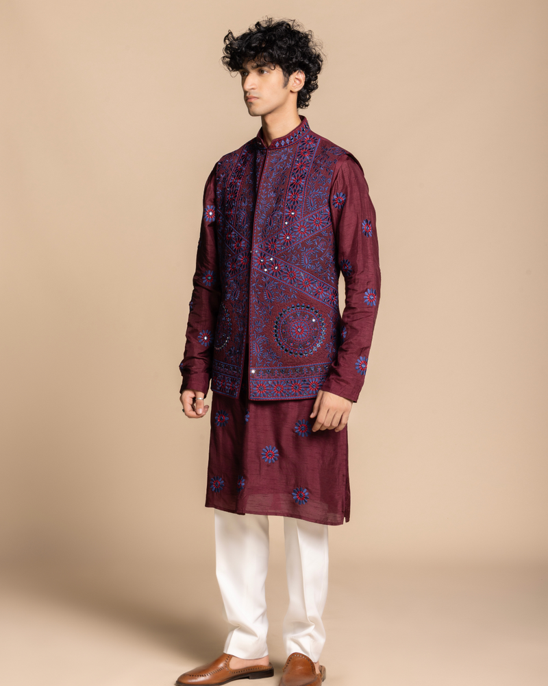Burgundy Embroidered Bundi Set Gargee