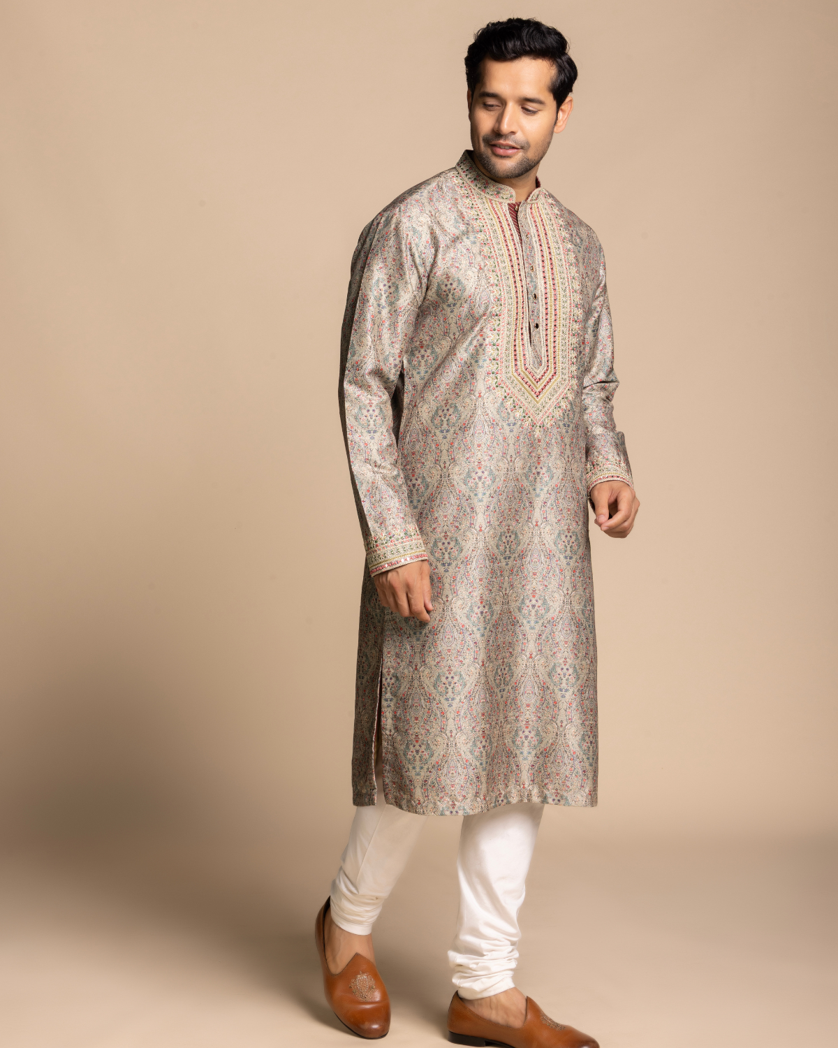 Beige Printed Mirror Work Kurta Gargee