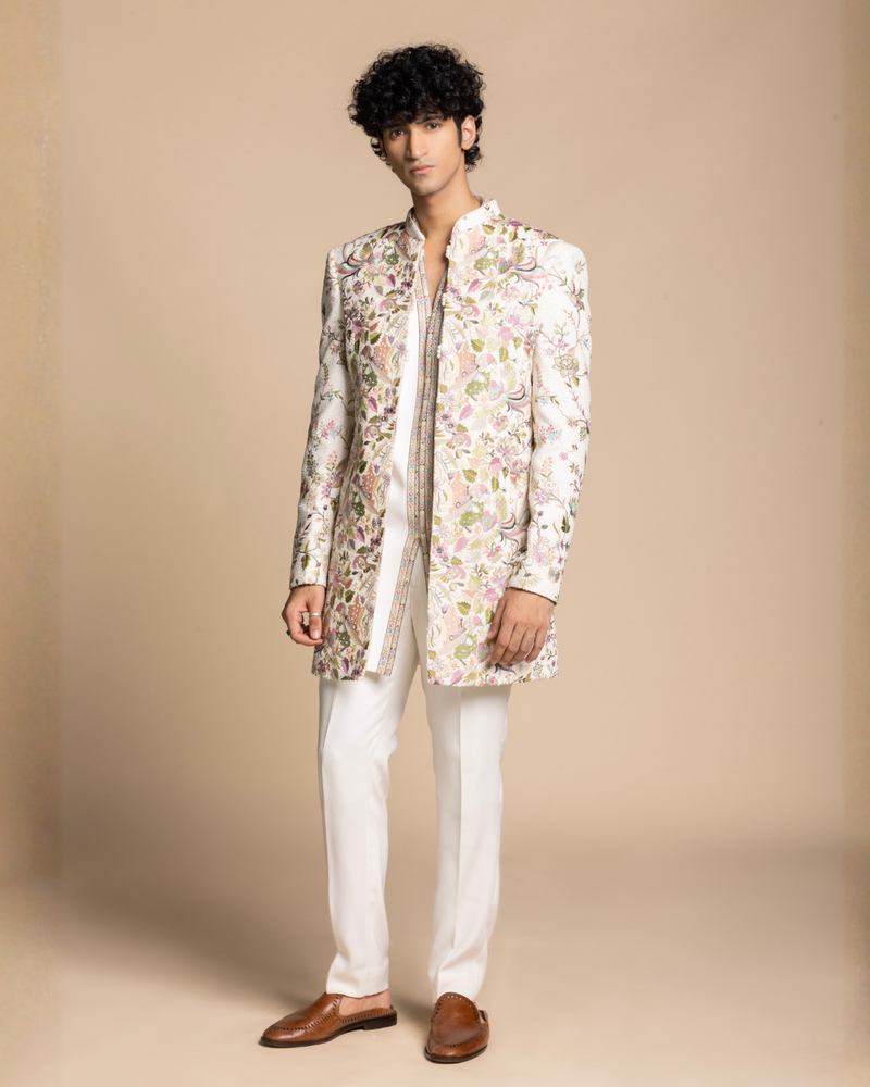 Ivory Botanical Embroidered Indowestern Gargee