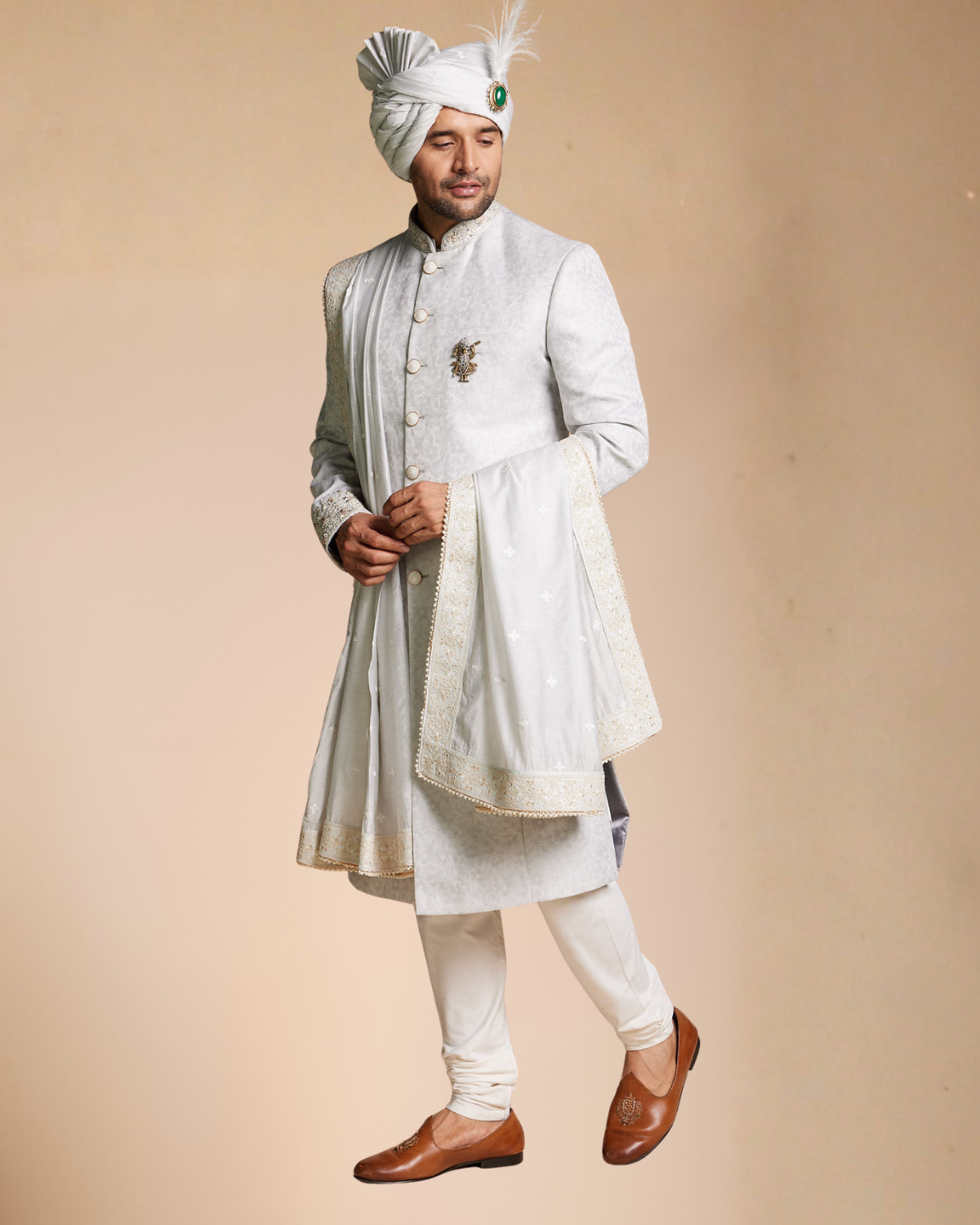 Ice Blue Jacquard Sherwani Set Gargee