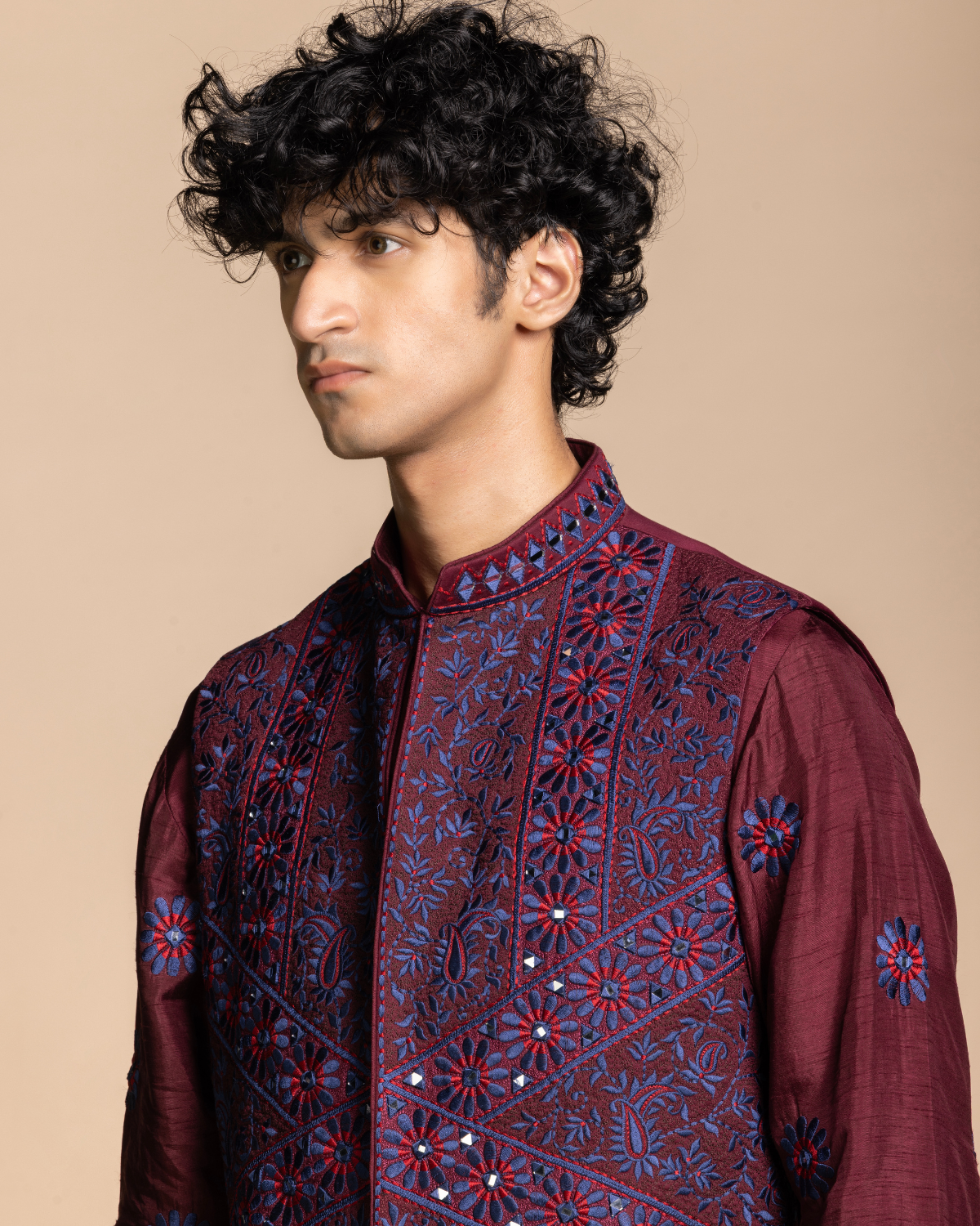 Burgundy Embroidered Bundi Set Gargee