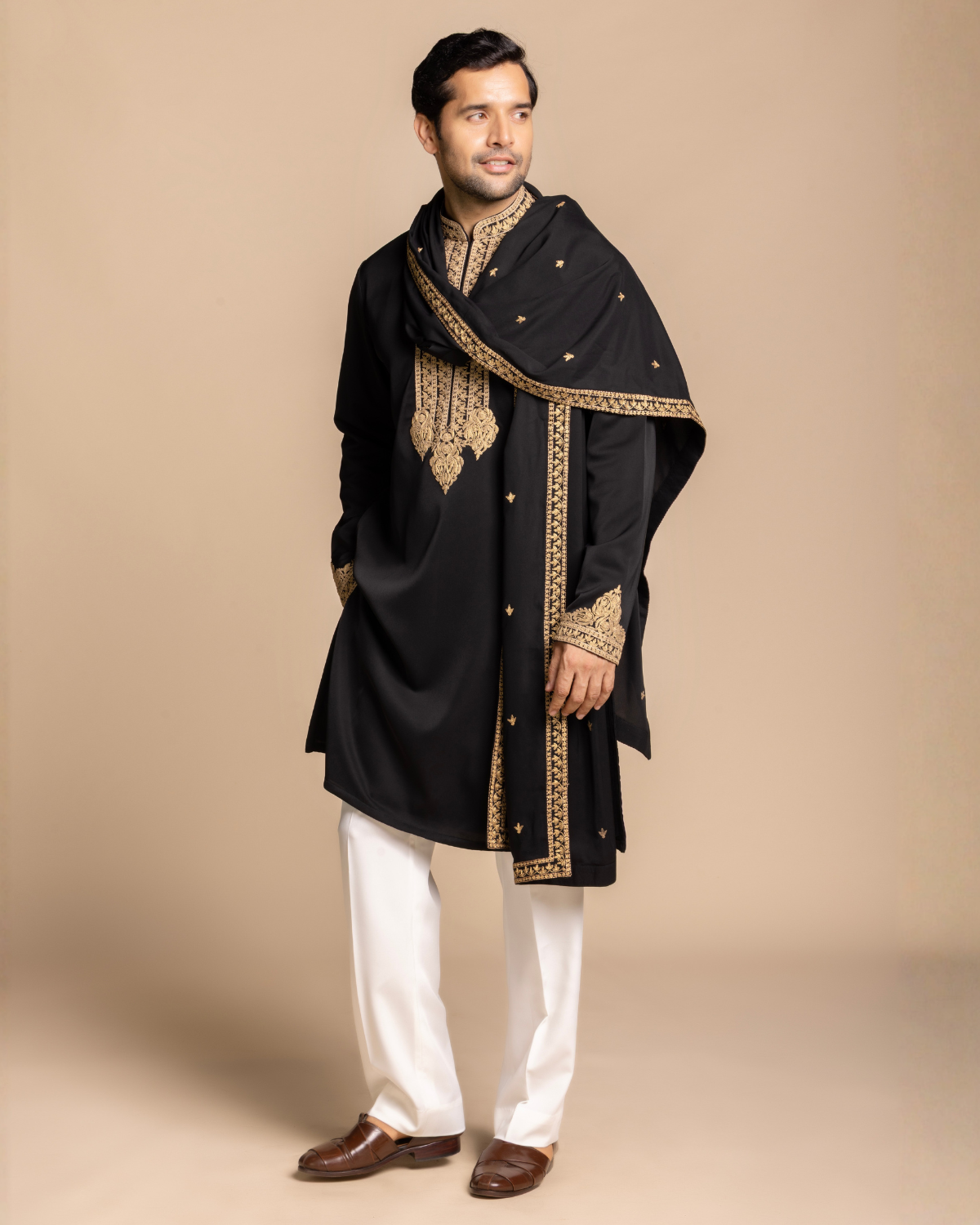 Black Embroidered Kurta Set with Stole Gargee