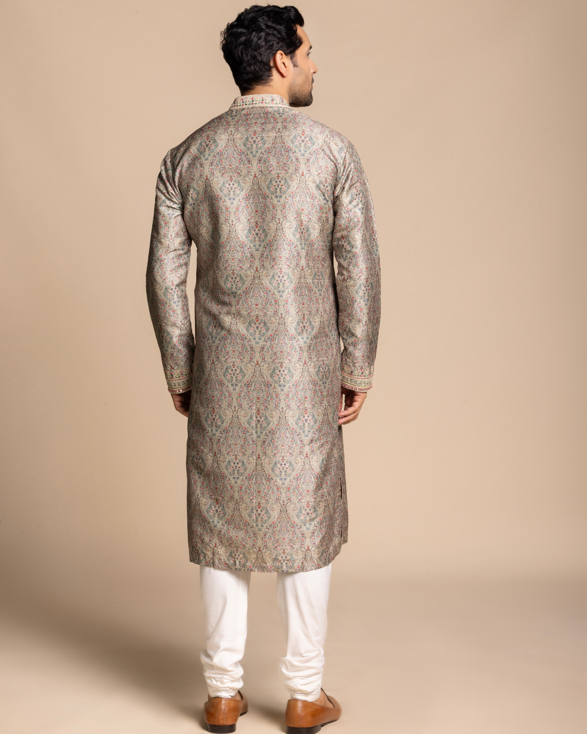 Beige Printed Mirror Work Kurta Gargee