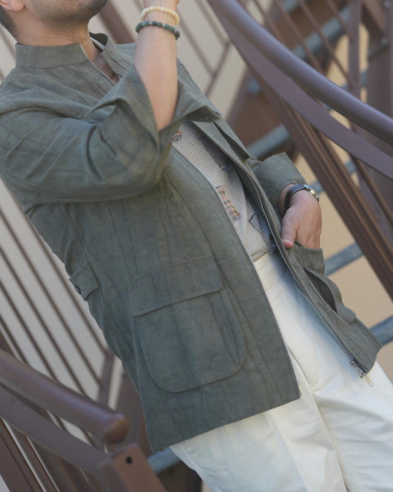 Olive Washed Cotton Utility Jacket Gargee