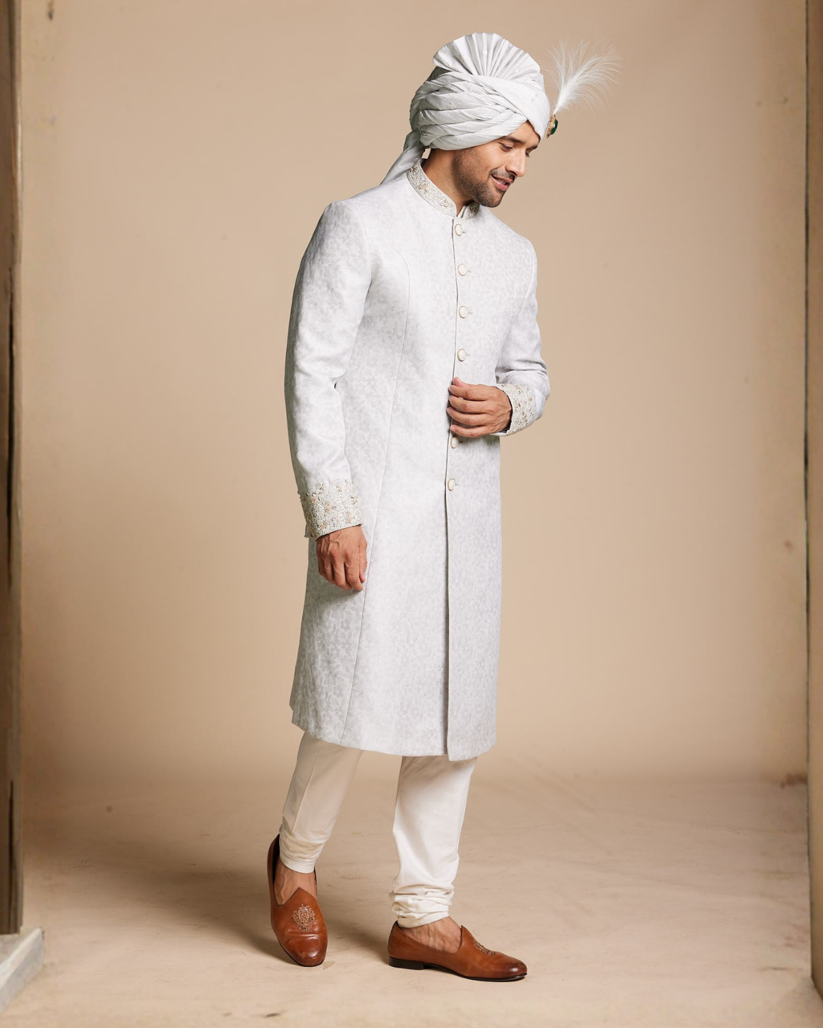 Ice Blue Jacquard Sherwani Set Gargee