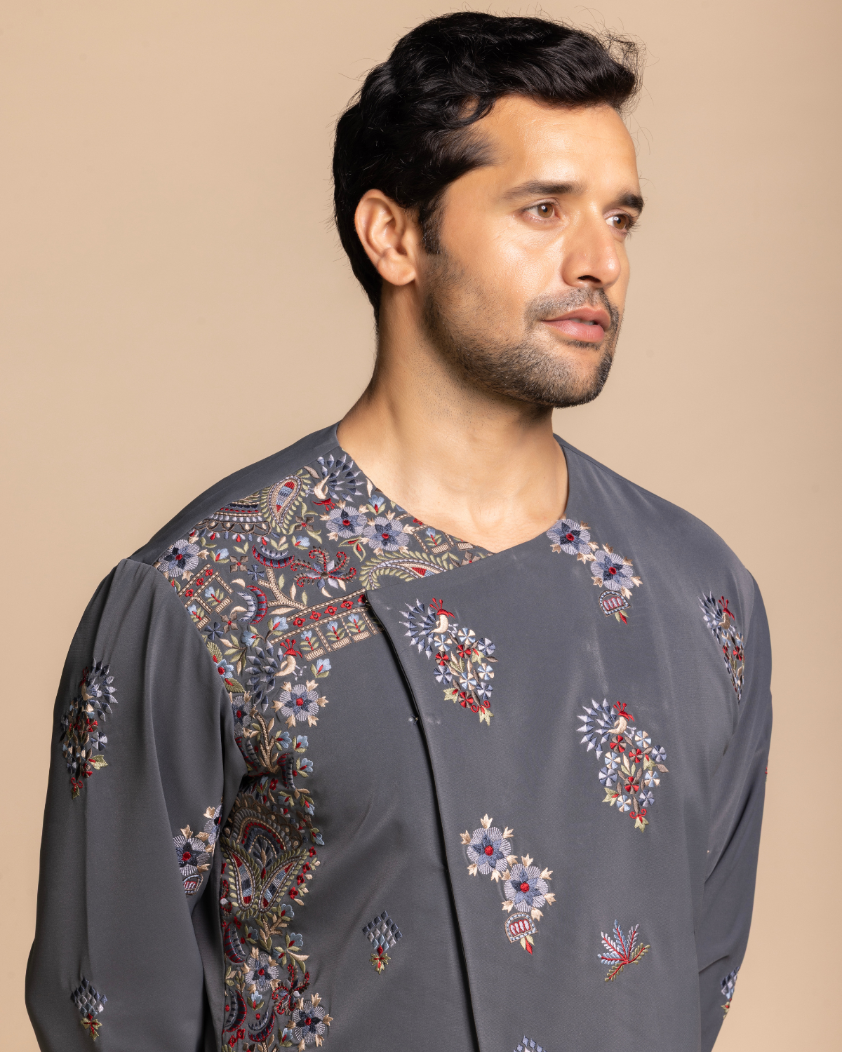 Slate Grey Embroidered Angarakha Kurta Set Gargee