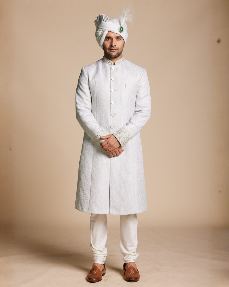 Ice Blue Jacquard Sherwani Set Gargee