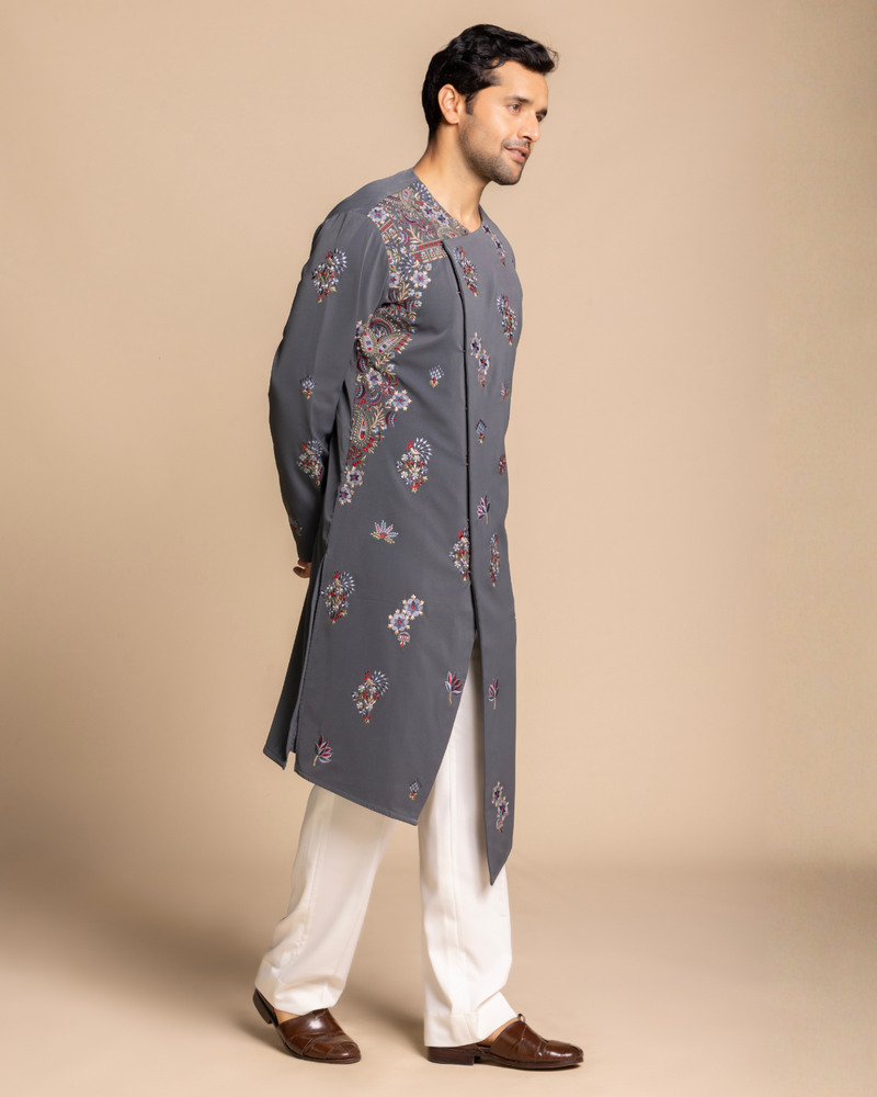 Slate Grey Embroidered Angarakha Kurta Set Gargee