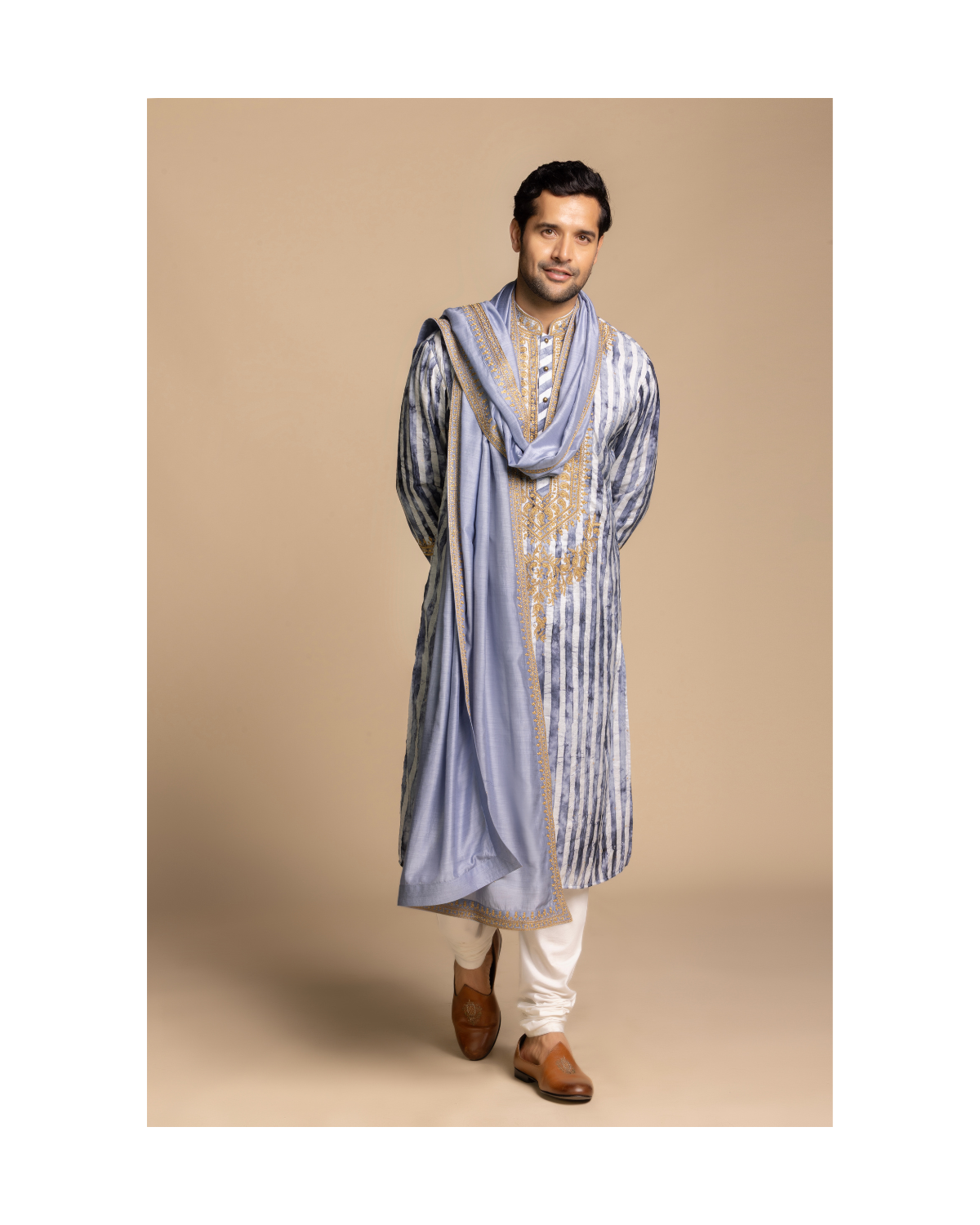 Azure Striped Embroidered Kurta set with Dupatta Gargee