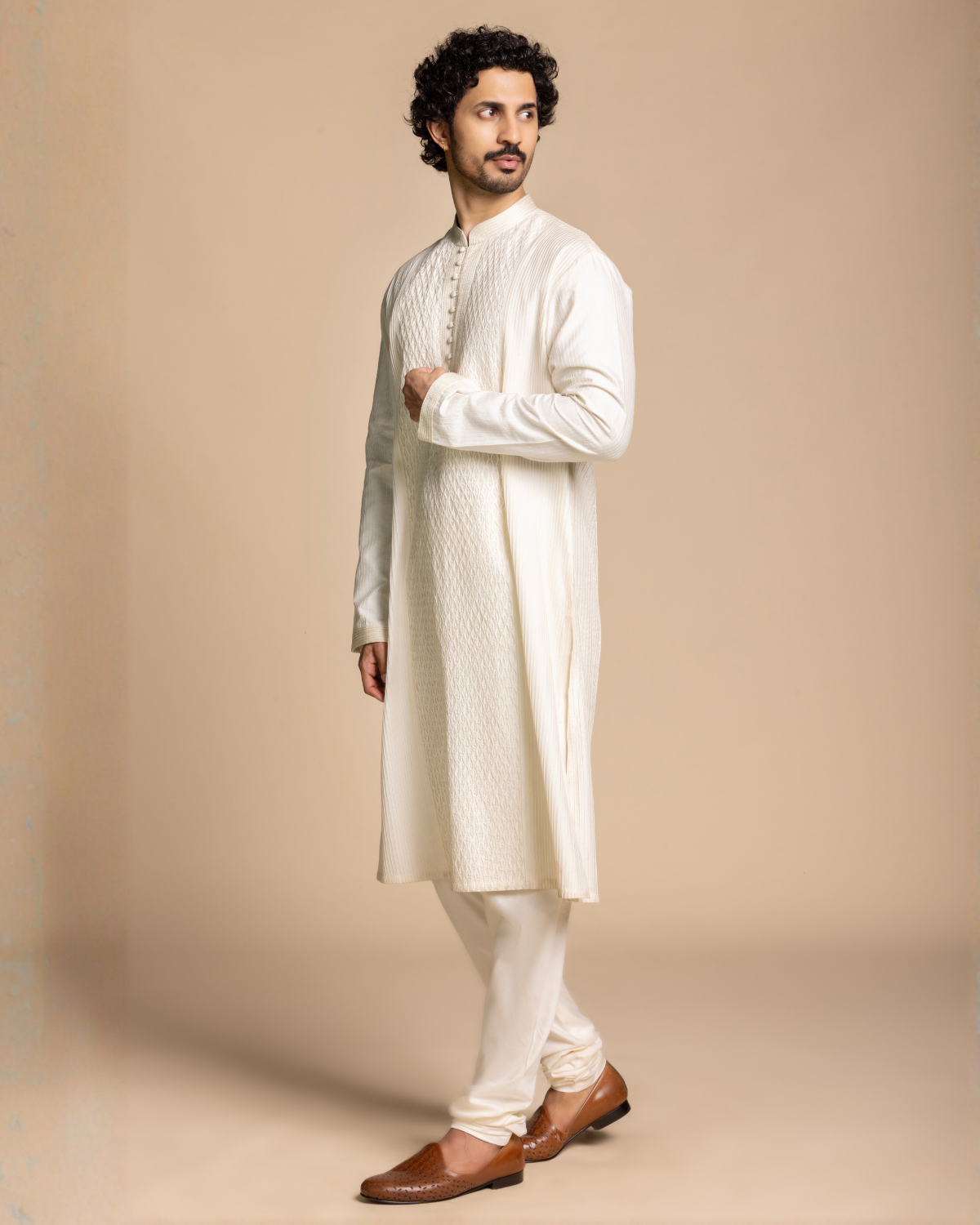 Ivory Pintucked Panelled Kurta Gargee
