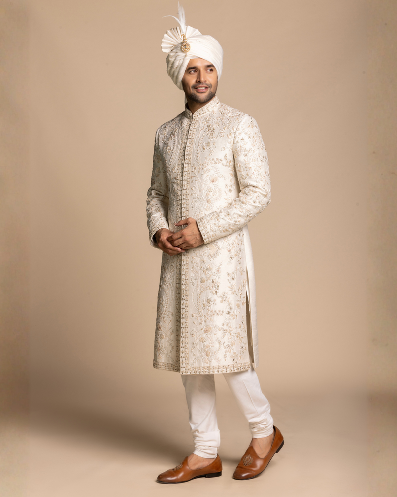 Ivory Embroidered Sherwani Set Gargee