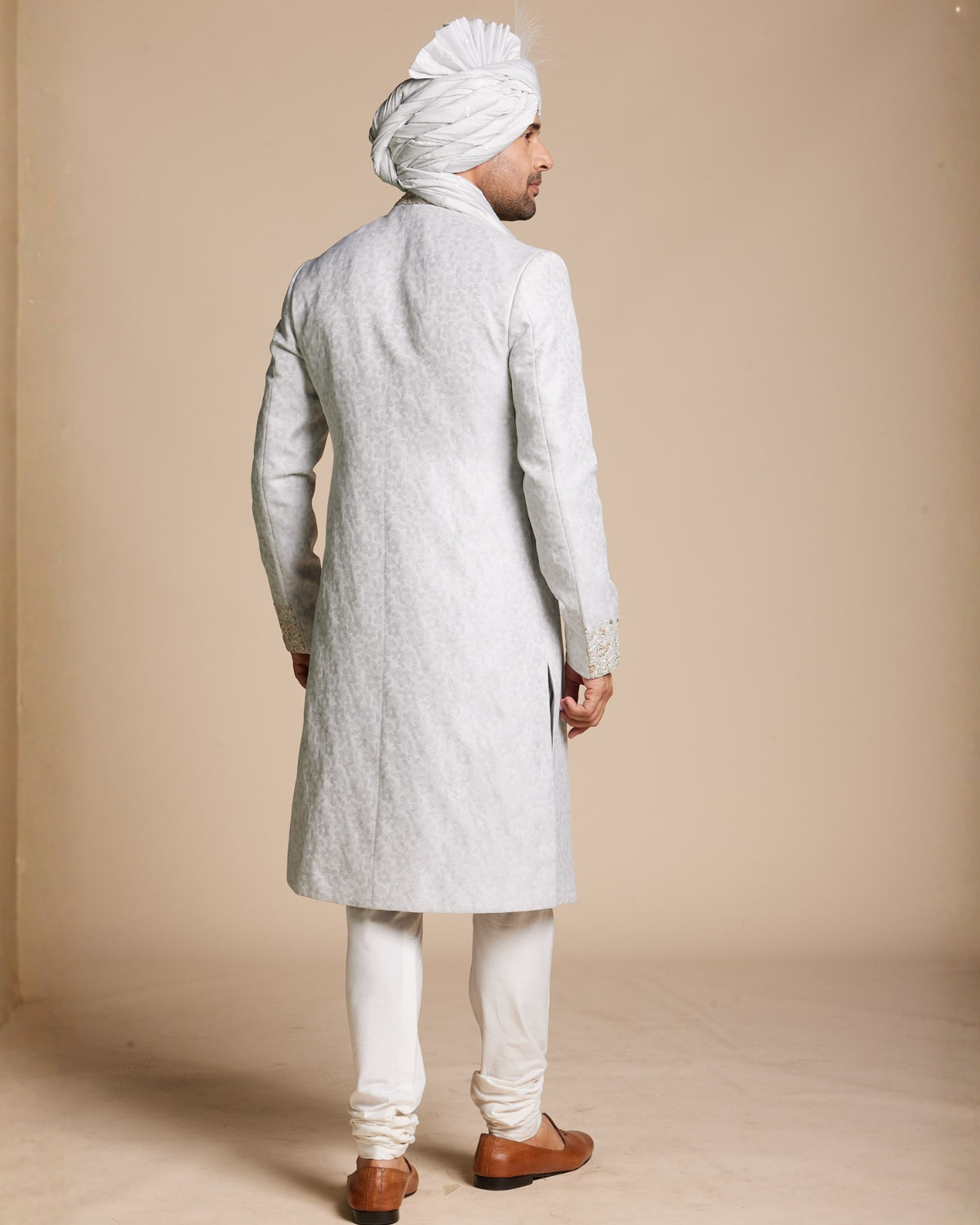 Ice Blue Jacquard Sherwani Set Gargee