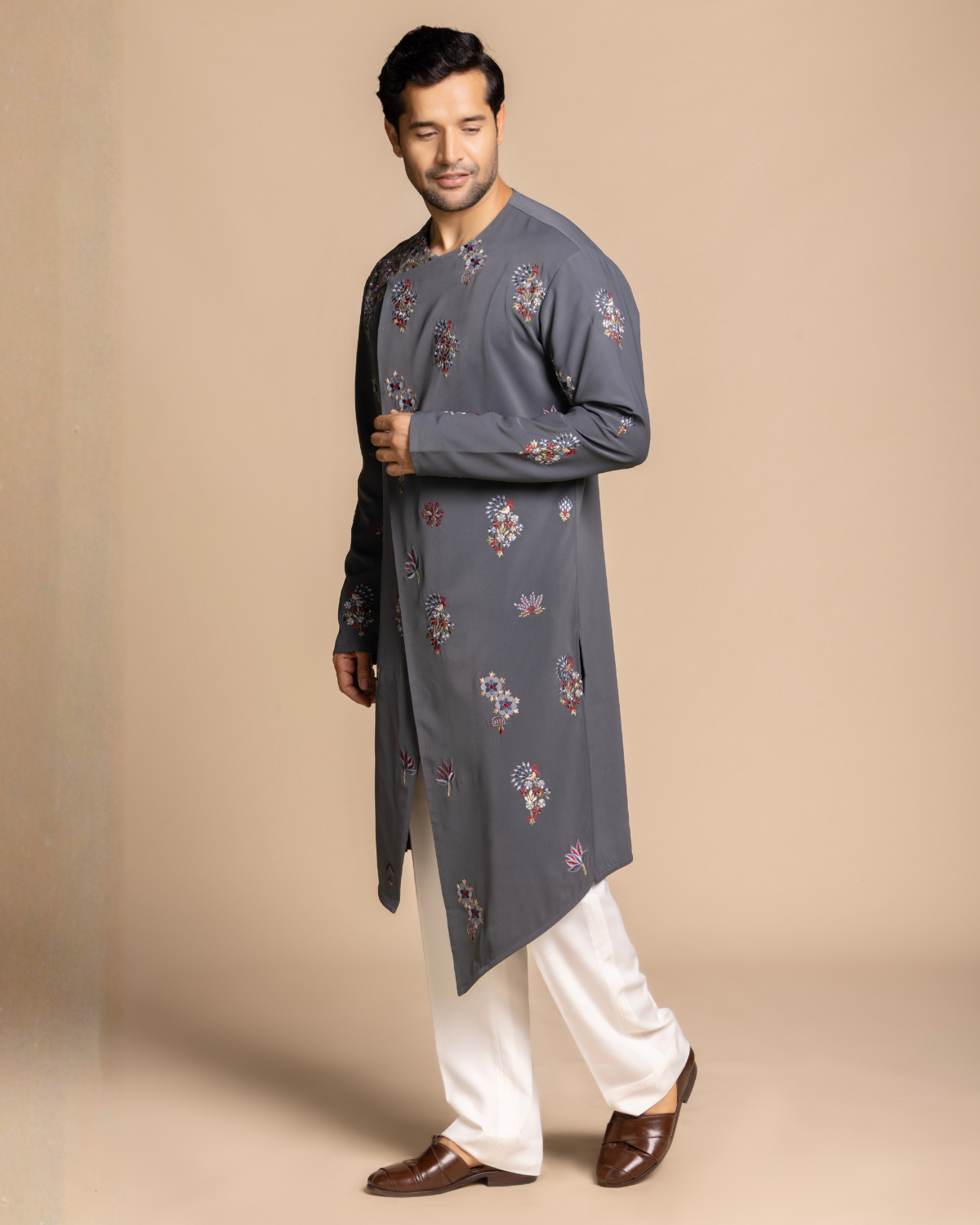 Slate Grey Embroidered Angarakha Kurta Set Gargee