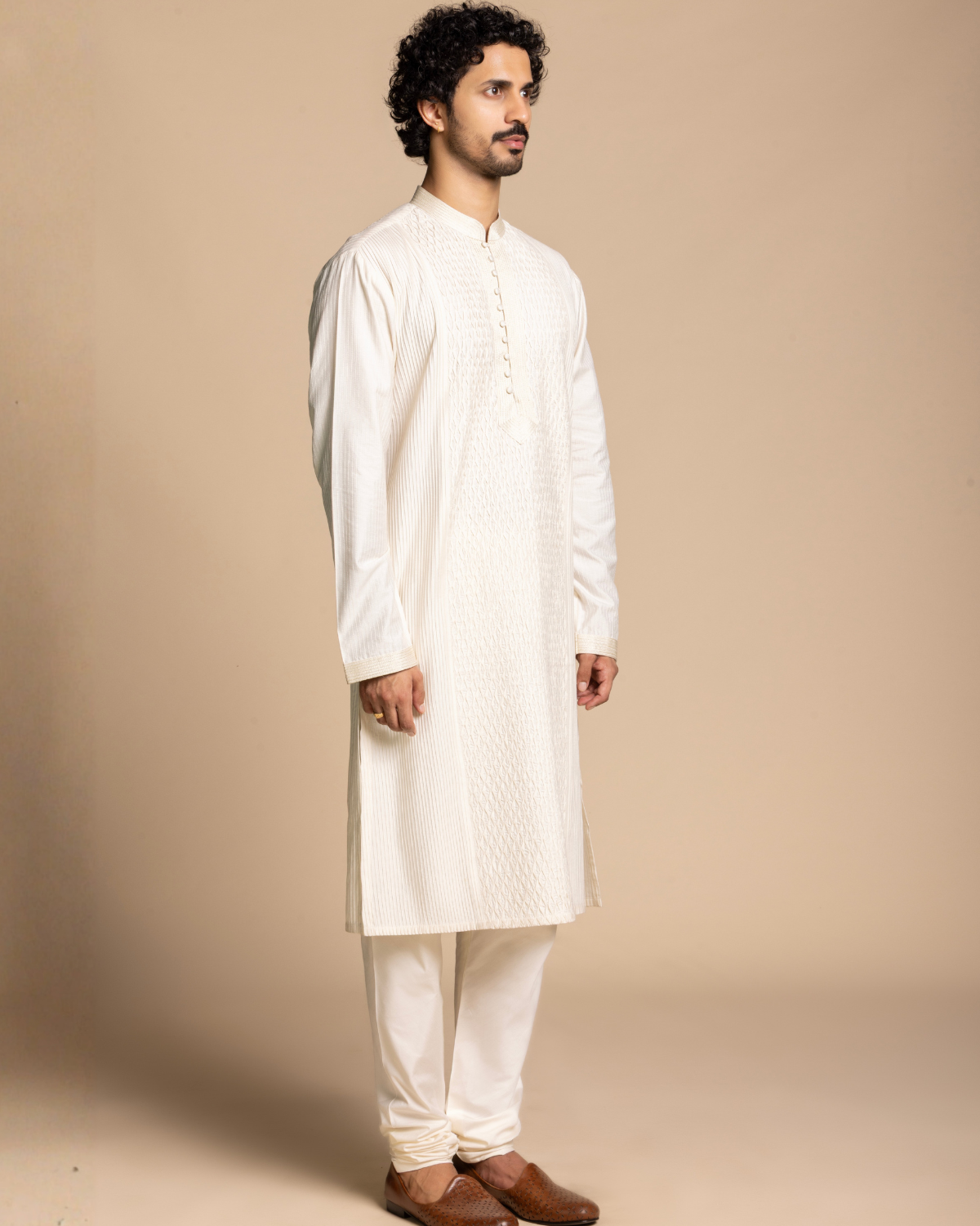 Ivory Pintucked Panelled Kurta Gargee