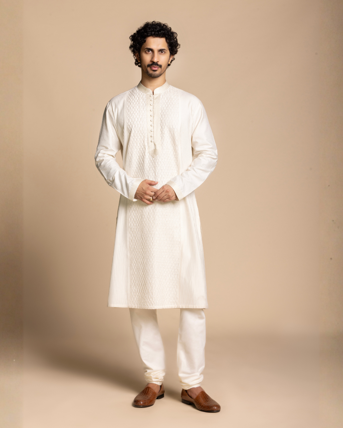 Ivory Pintucked Panelled Kurta Gargee