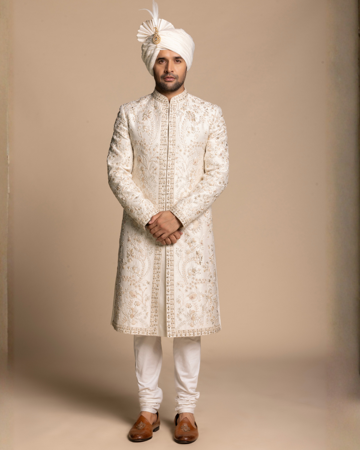 Ivory Embroidered Sherwani Set Gargee