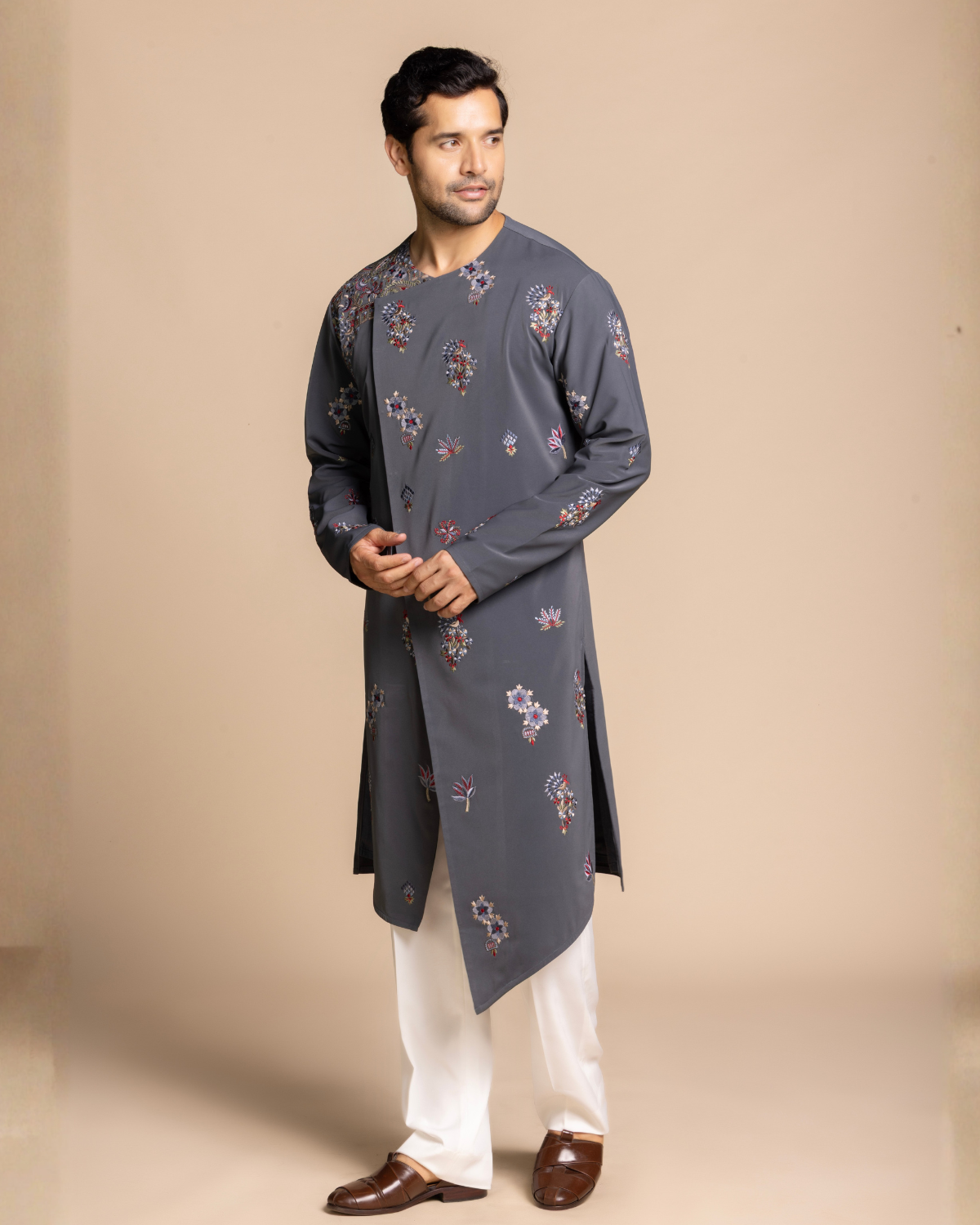 Slate Grey Embroidered Angarakha Kurta Set Gargee