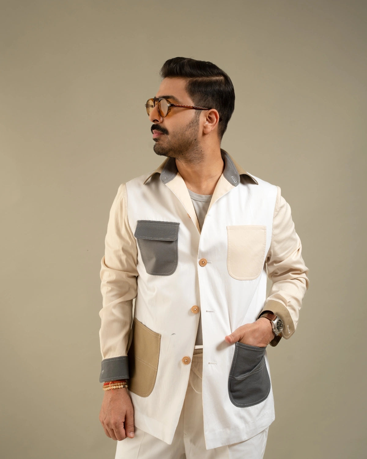 Khakhi Cotton Contemporary Utility Shacket Gargee