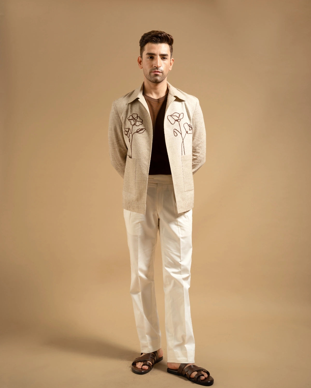 Beige Linen Blend Embroidered Utility Shacket Gargee