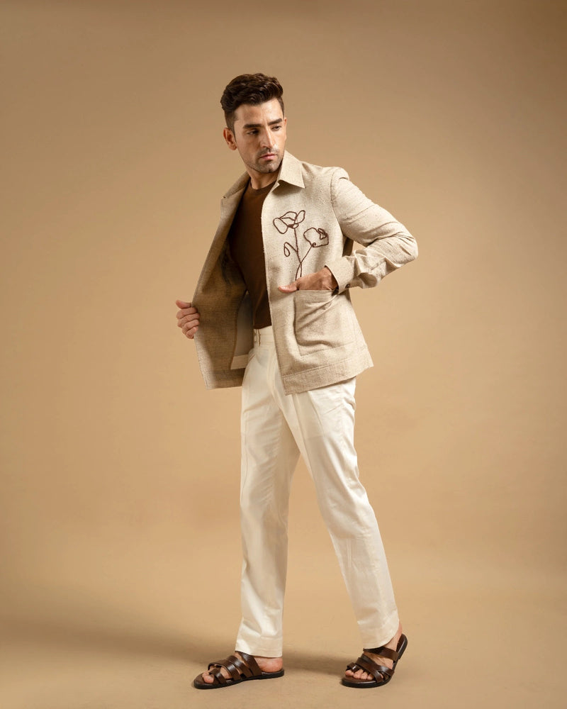Beige Linen Blend Embroidered Utility Shacket Gargee