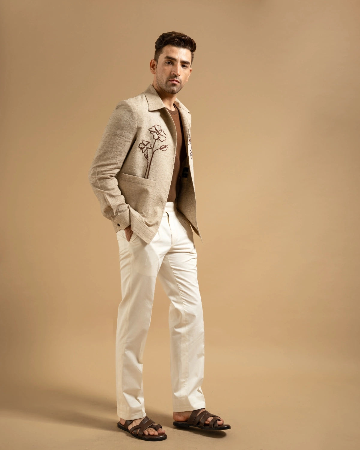 Beige Linen Blend Embroidered Utility Shacket Gargee