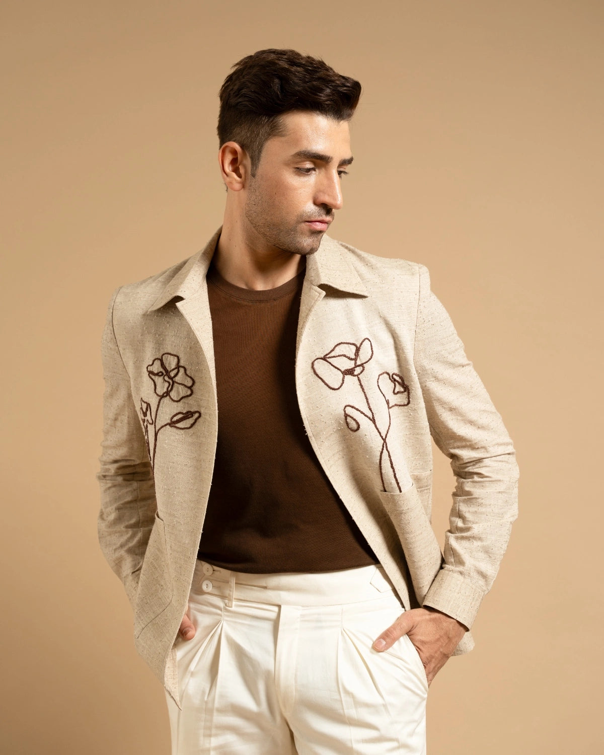 Beige Linen Blend Embroidered Utility Shacket Gargee