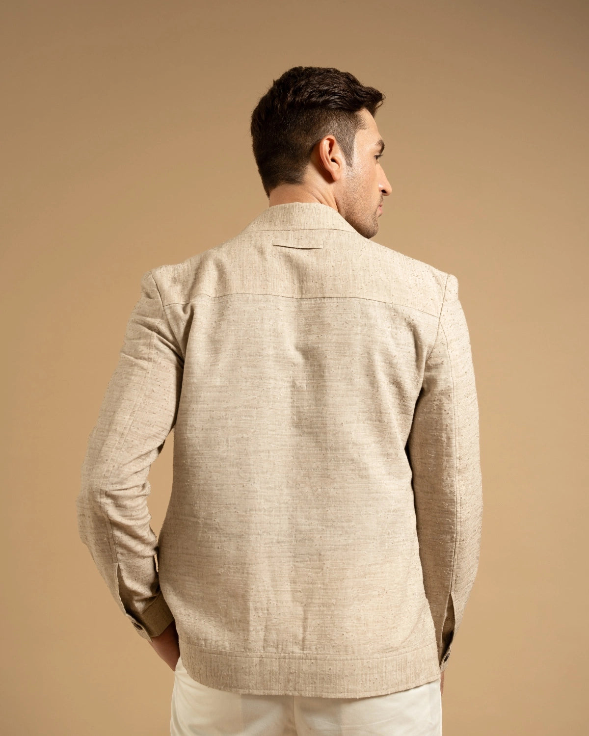 Beige Linen Blend Embroidered Utility Shacket Gargee