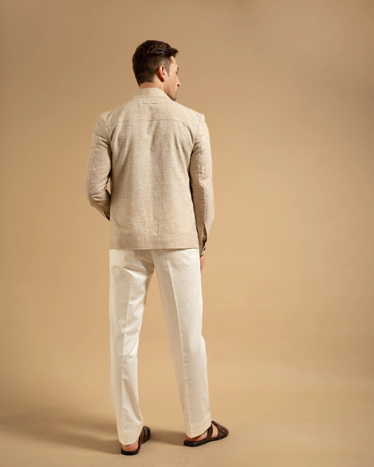 Beige Linen Blend Embroidered Utility Shacket Gargee