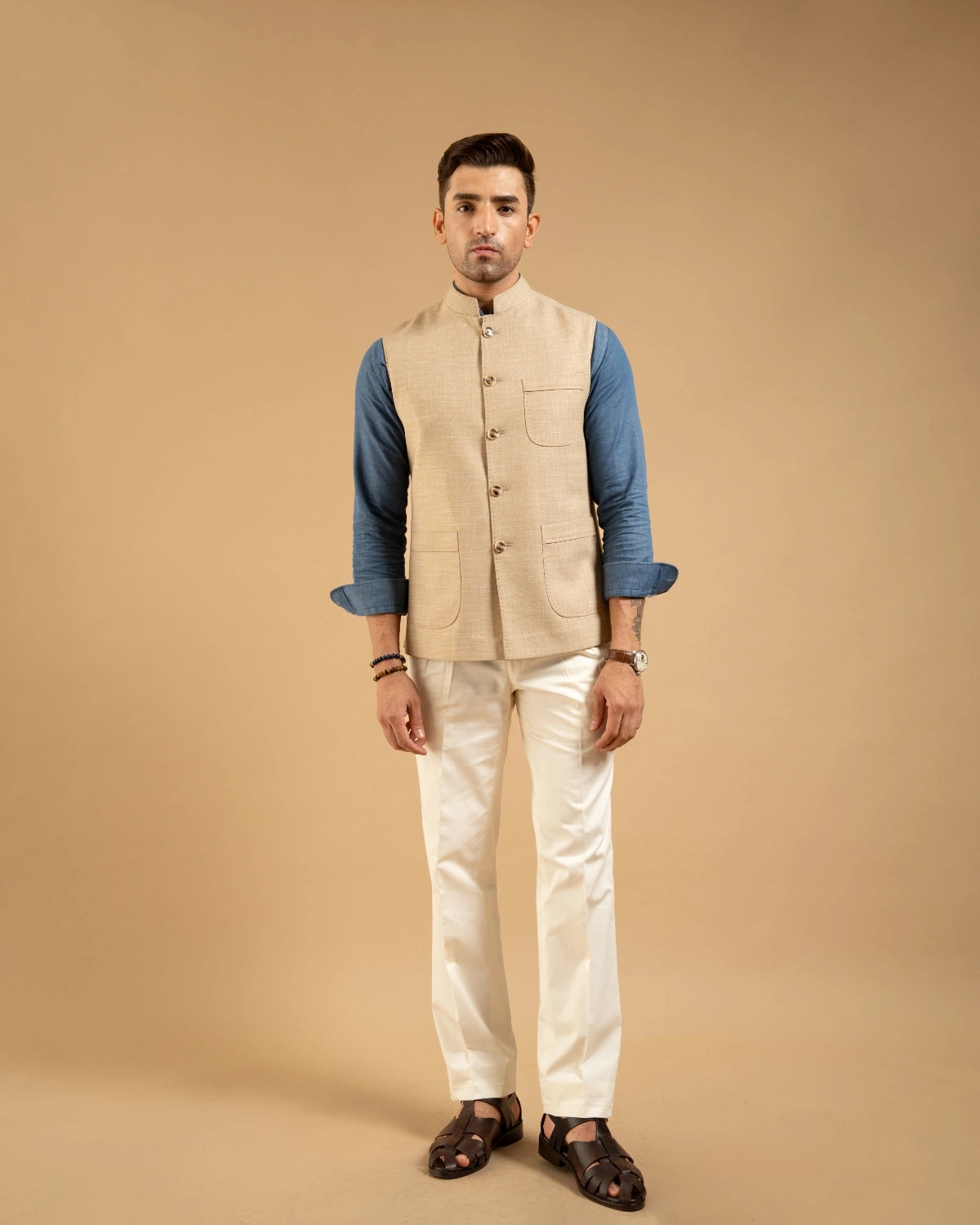 Beige Linen Look Patch Pocket Down-Vest Gargee