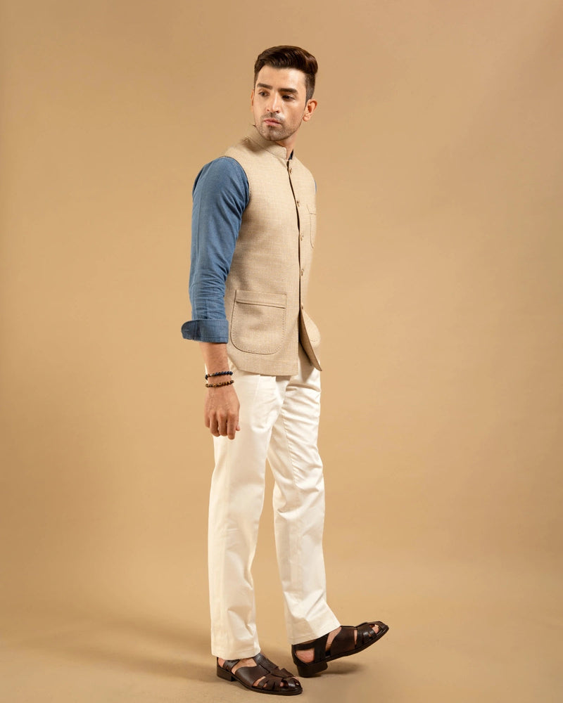 Beige Linen Look Patch Pocket Down-Vest Gargee
