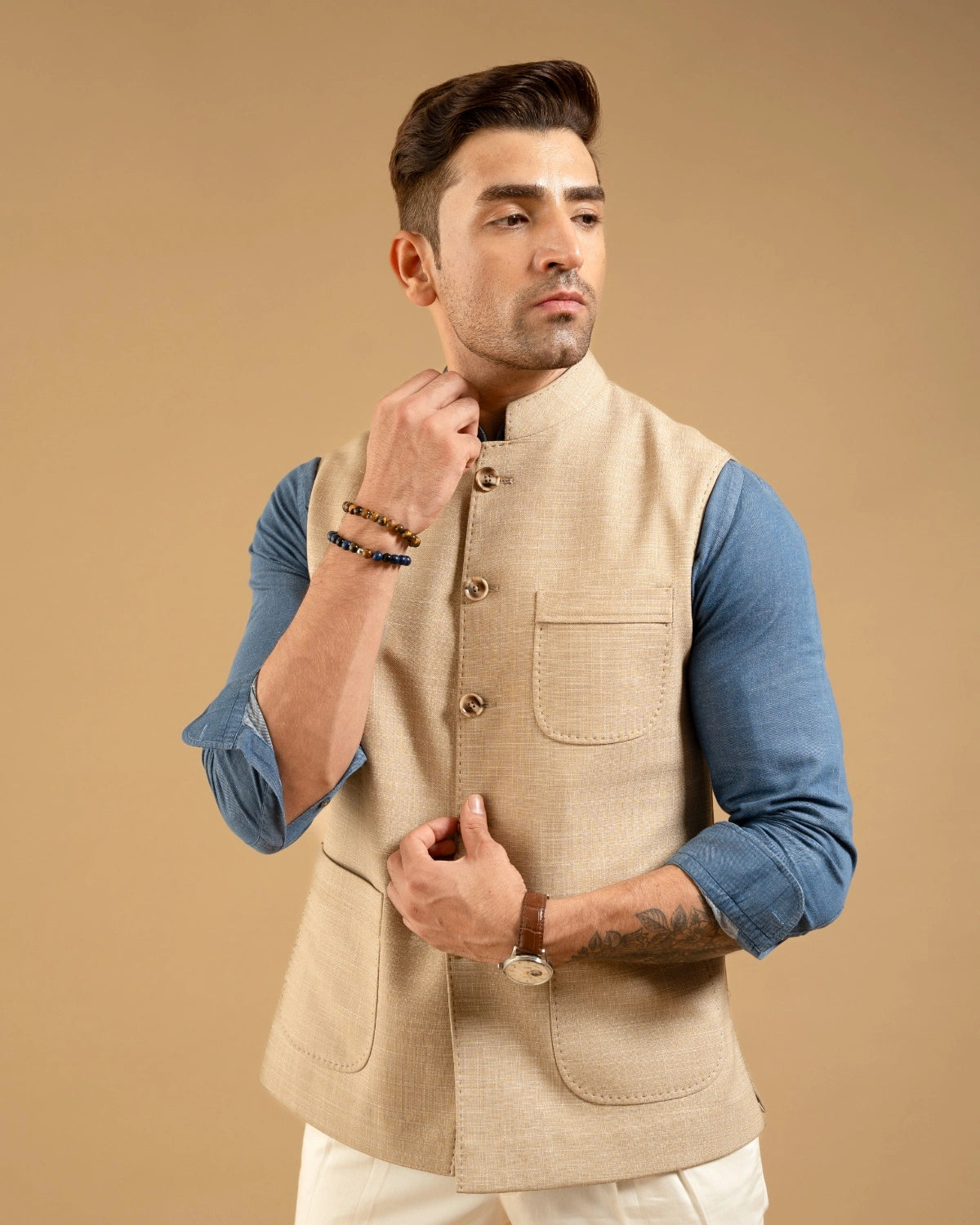 Beige Linen Look Patch Pocket Down-Vest Gargee