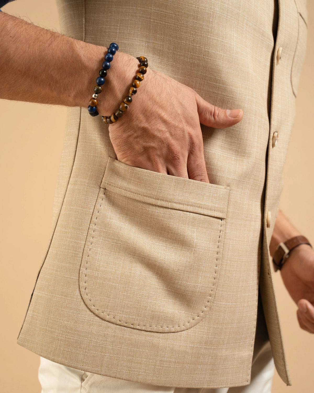 Beige Linen Look Patch Pocket Down-Vest Gargee