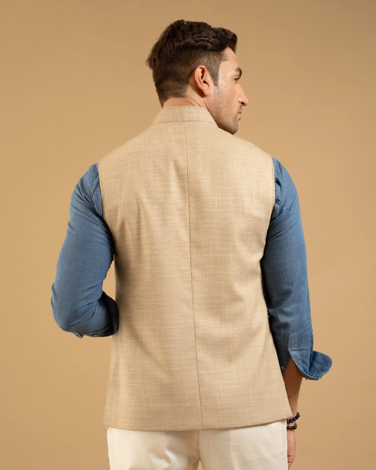 Beige Linen Look Patch Pocket Down-Vest Gargee