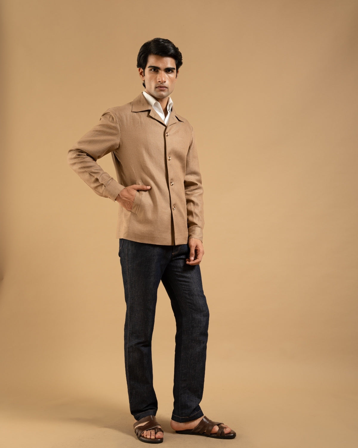 Beige Linen Relaxed Fit Shacket Gargee