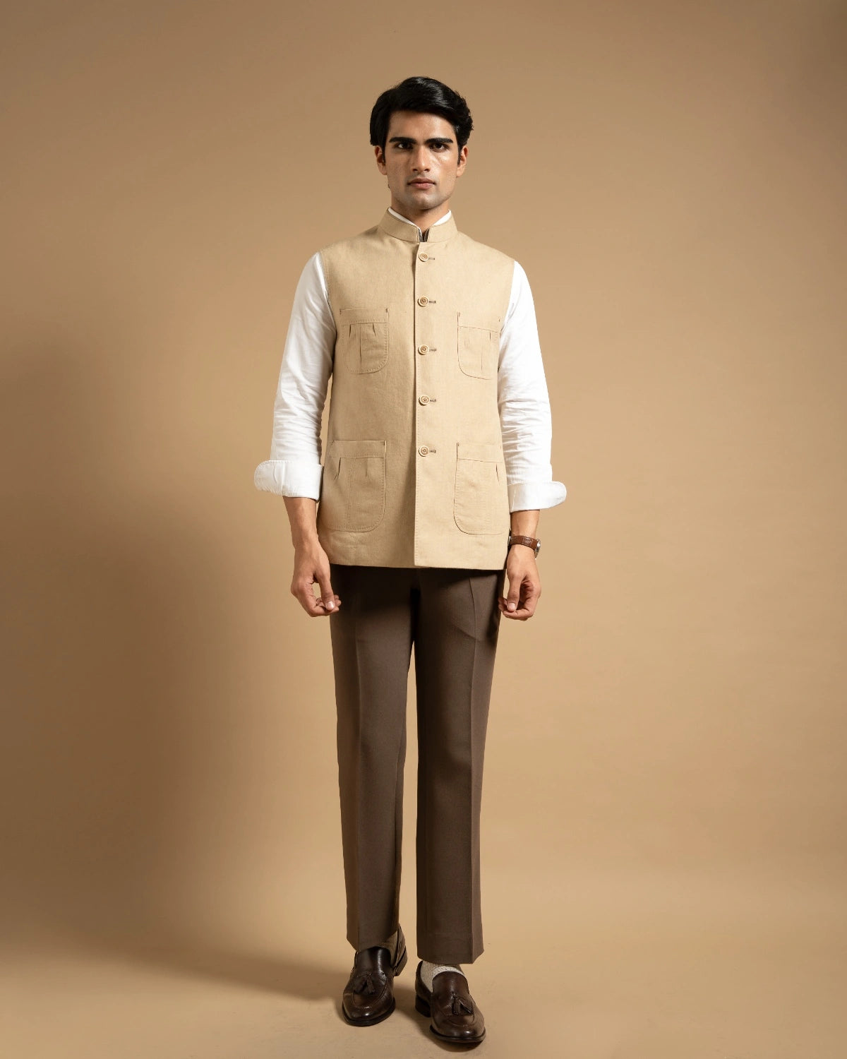 Beige Linen Utility Down-Vest Gargee